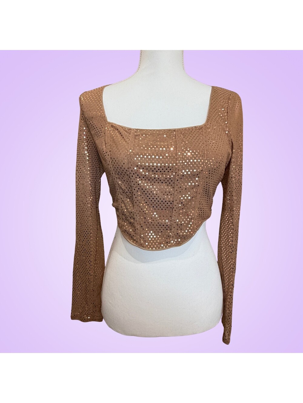 NWT SHEIN SXY Womens Medium Brown Metallic Mesh Corset Long Sleeve Crop Top